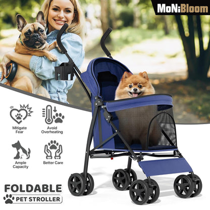 MoNiBloom 4 Wheels Pet Stroller, Easy-Fold Puppy Cage Jogger Stroller with Sun Cover, Pad and Rear Storage Bag, Breathable and Visible Mesh for Small/Medium Pets up to 22 lbs, Black
