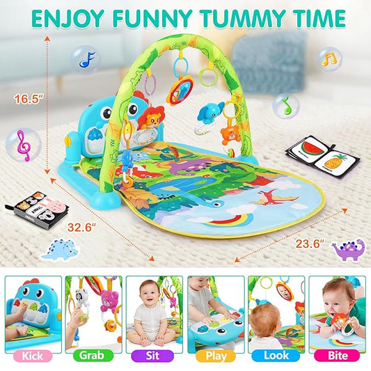 UMIKU Baby Play Mat Baby Tummy Time Mat Musical Activity Center for Infant with High-Contrast Piano Music & Light Newborn Babies Gifts for Boy Girl Babies 0-6 6-12 Months Dinosaur Style