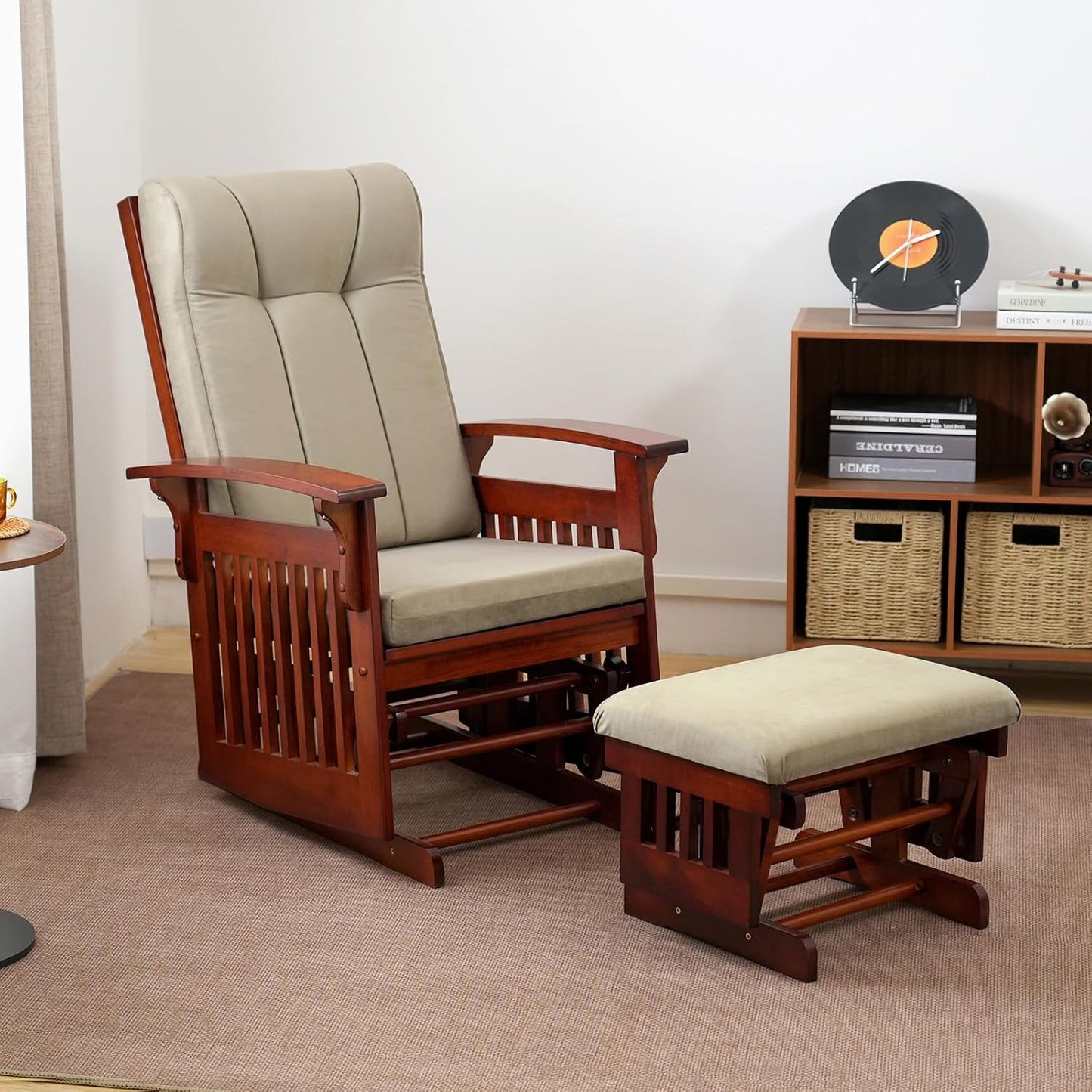 Rustic Rubber Wood Glider and Ottoman Set, Nursery Glider Chair for Breastfeeding and Relaxing, Comfortable Rocking Chair for Living Room and Bedroom（Tan）