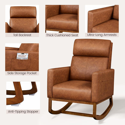 Topeakmart Nursery Rocking Chair, PU Leather Modern Accent Chair with Wood Legs Side Pocket Armchair Glider Rocker for Nursery Living Room Bedroom Lounge, Brown