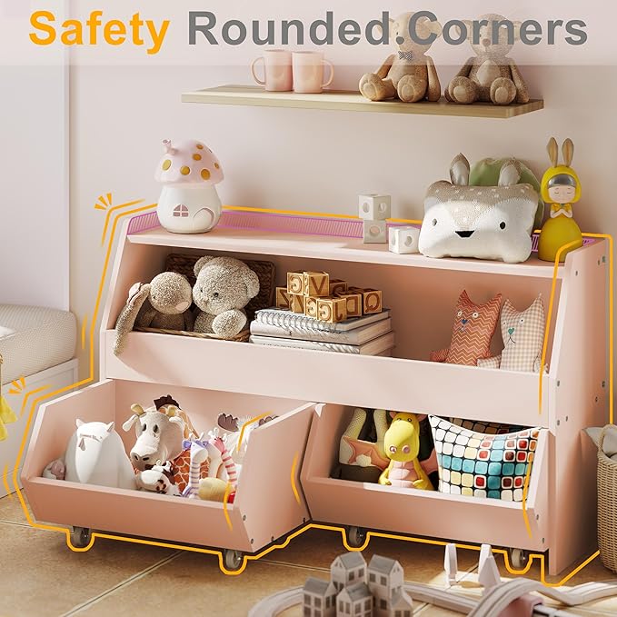 Fulhope Toy Storage Organizer for Kids, Toy Storage Cabinet with Drawers, Boys and Girls Toy Shelf with Wheels, Toy Organizer Kids Bookshelf with Storage for Nursery, Playroom, Bedroom (Light Pink)