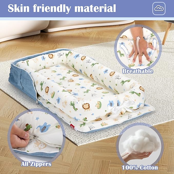 Baby Lounger for Newborns & Infants 0–24 Months, 100% Cotton Breathable Infant Support Cushion with Adjustable Size, Portable Baby Nest for Home and Travel, Baby Shower Gift (Animal World Blue)