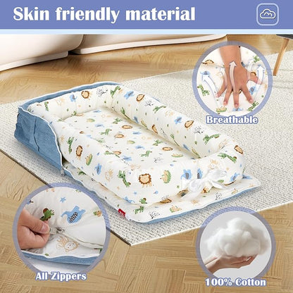 Baby Lounger for Newborns & Infants 0–24 Months, 100% Cotton Breathable Infant Support Cushion with Adjustable Size, Portable Baby Nest for Home and Travel, Baby Shower Gift (Animal World Blue)