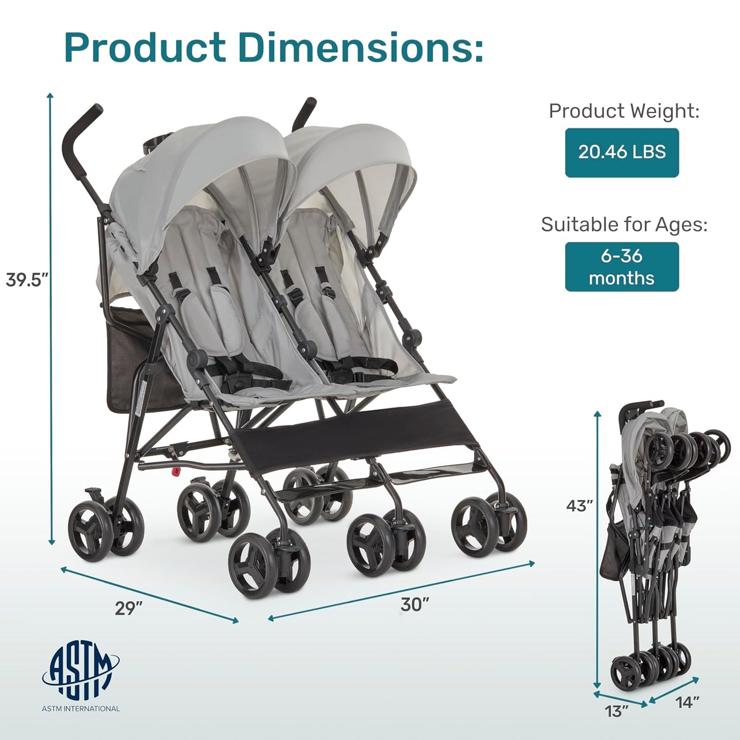 Dream On Me Twin Venture Umbrella Stroller in Pink, Multi Backrest Positions, Adjustable & Removable Canopy Double Stroller, 360°Swivel Wheels with Locks