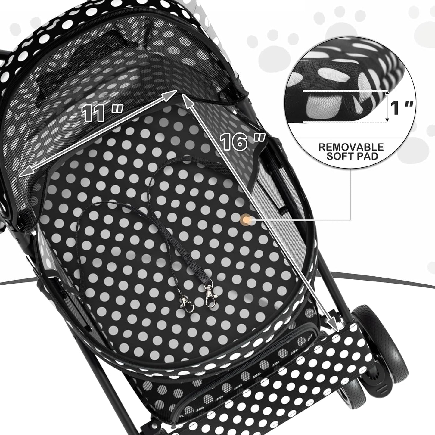 MoNiBloom 4 Wheels Pet Stroller, Easy-Fold Puppy Cage Jogger Stroller with Sun Cover, Pad and Rear Storage Bag, Breathable and Visible Mesh for Small/Medium Pets up to 22 lbs, Black