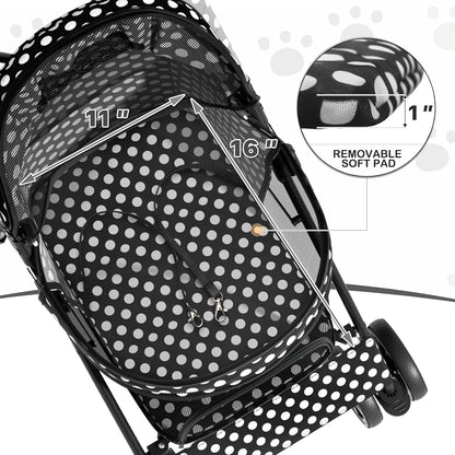 MoNiBloom 4 Wheels Pet Stroller, Easy-Fold Puppy Cage Jogger Stroller with Sun Cover, Pad and Rear Storage Bag, Breathable and Visible Mesh for Small/Medium Pets up to 22 lbs, Black