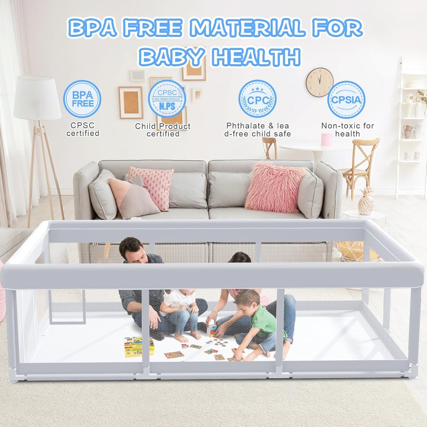 XVISHX Baby Playpen 50 x 50 Inch Play Pen Playards, Playpen for Babies and Toddlers, Baby Playard for Indoor & Outdoor Active Center Game Fence, with Skin-Friendly Fabric and Soft Breathable Mesh Grey