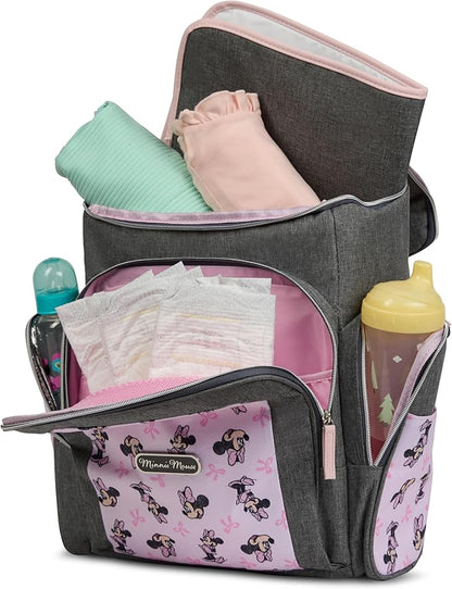 Disney Diaper Bag Backpack with Changing Pad Minnie Mouse – 16” Nylon Baby Bag for Parents, Insulated Bottle Holders, Multiple Storage Pockets