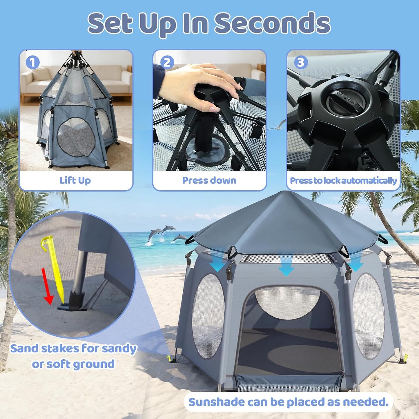 Pop Up Playpen for Baby - Instant Setup Portable Playard with UV Canopy & Mosquito Net - Indoor Outdoor Travel Crib with Carry Bag Grey