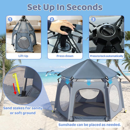 Pop Up Playpen for Baby - Instant Setup Portable Playard with UV Canopy & Mosquito Net - Indoor Outdoor Travel Crib with Carry Bag Grey