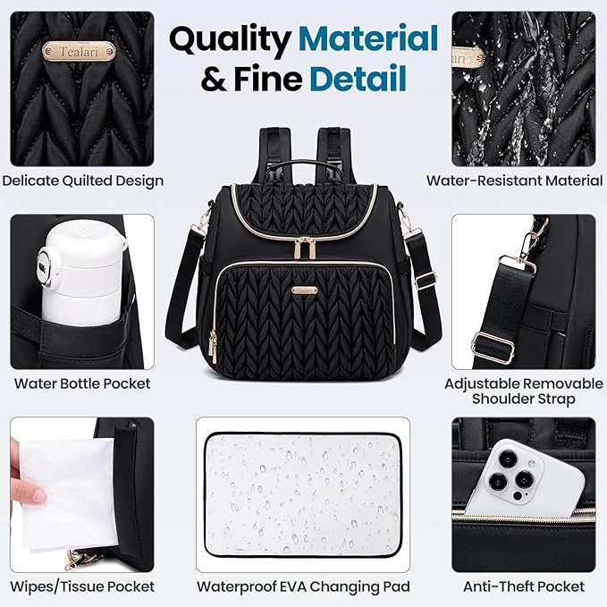 Tealari 4 in 1 Convertible Diaper Bag Backpack,Waterproof Baby Diaper Bag with Changing Pad,Converts into Baby Tote Bag,Diaper Backpack,Stroller Bag and Crossbody Diaper Bag