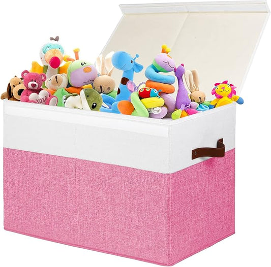 Gowee Large Toy Box with Lid, Sturdy Toy Storage Chest Bin Boxes Organizer Basket with Dividers for Toddlers, Kids, Boys, Girls, Nursery, Closet, Bedroom, Playroom 25"x13" x16" (Pink and White)