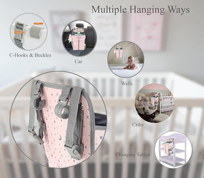 Hanging Diaper Caddy - Baby Diaper Organizer for Changing Table - Diaper Stacker for Crib, Playard or Wall - Newborn Diaper Holder (Pink)