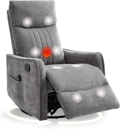 cinkehome Swivel Rocker Recliner, Glider Rocker Recliner Chair for Nursery, Manual Reclining Chair with Heated Massage, Small Spaces, Living Room, Khaki Chenille