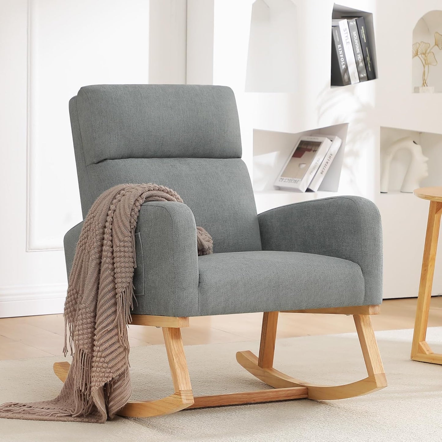 HCHAIRH Rocking Chair Nursery, Upholstered Fabricr Nursing Rocking Chairs with Soft High Back, Modern Nursery Glider Rocker for Mom Living Room, Bedroom, Camel