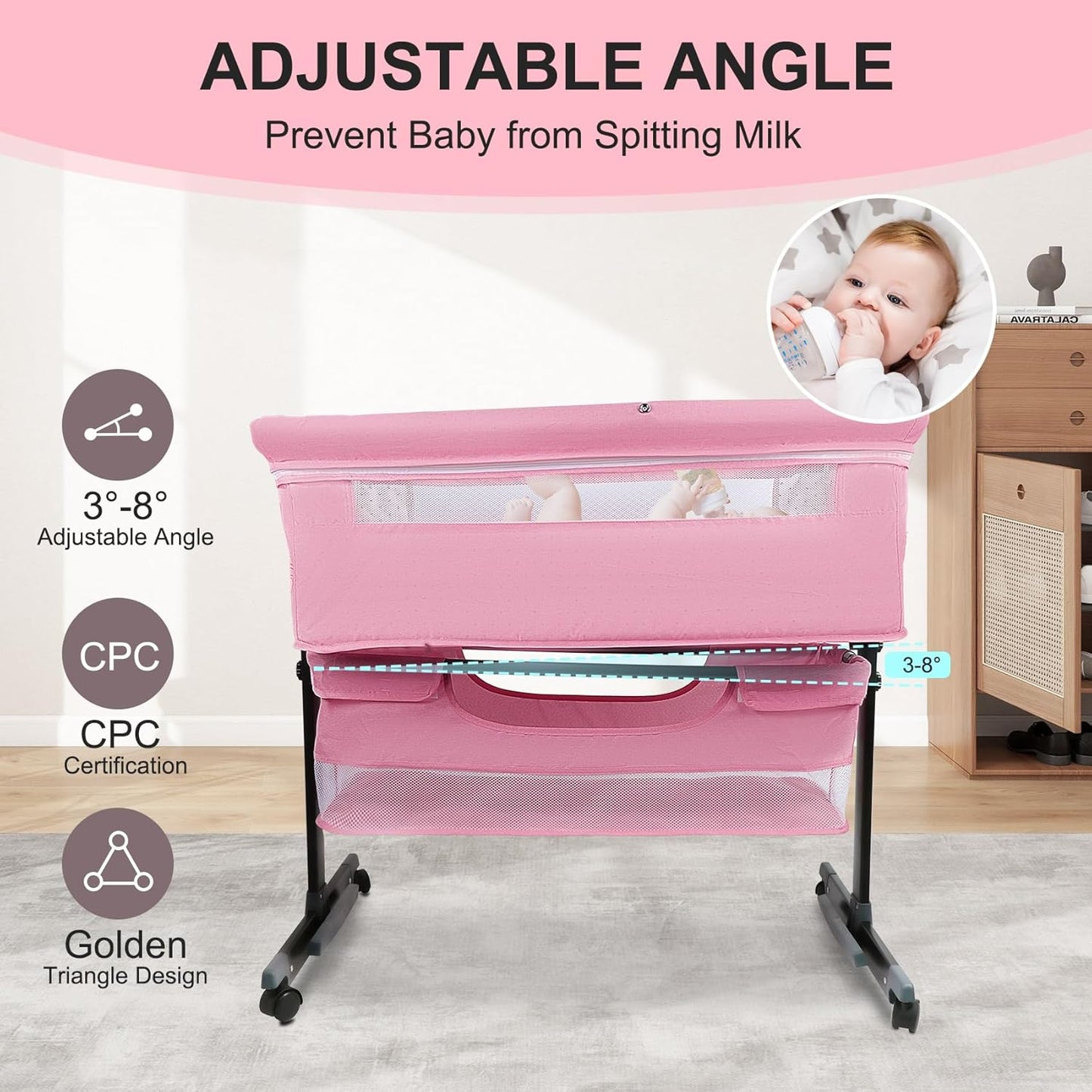 BIERUM Bassinet 4 in 1 - Bedside Bassinet for Baby, Height Adjustable Bassinet Bedside Crib with Lockable Wheels & Mosquito Nets, Large Storage Bag & Comfortable Mattresses Included.