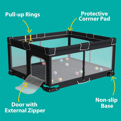 ICAREWAY Foldable Playpen for Babies and Toddlers, 50x50 Inches Portable Playpen, Kids Collapsible Play Pen with 2 Handlers, Indoor & Outdoor Baby Fence Play Area with Visible Mesh, Dark Gray