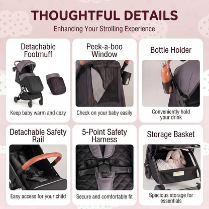 HONEY JOY Lightweight Baby Stroller, Compact Travel Stroller w/Aluminum Frame, Footmuff, EVA Wheels w/Spring Suspension, Multi-Position Recline, One-Hand Fold Luggage Handle for Toddlers (Gray)