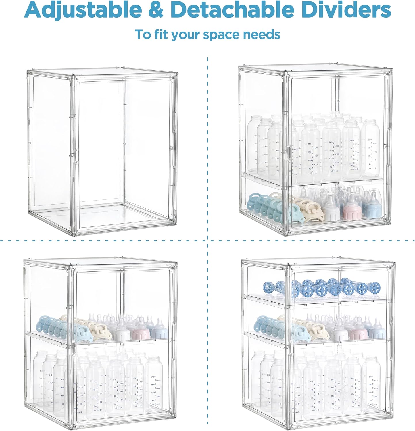HBlife Baby Bottle Storage Organizer for Countertop Cabinet, 3 Tiers Adjustable Clear Acrylic Bottles Storage Station Case Box Container with 2 Removable Dividers and Magnetic Door, Large