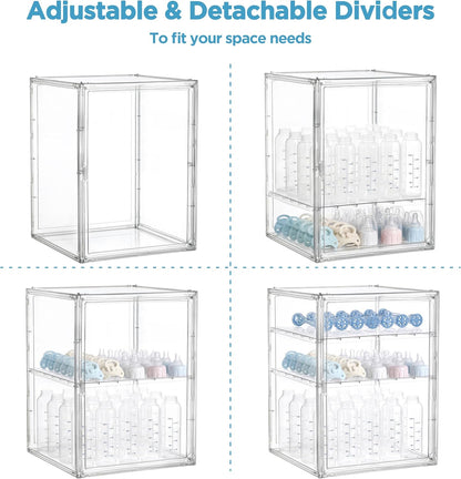 HBlife Baby Bottle Storage Organizer for Countertop Cabinet, 3 Tiers Adjustable Clear Acrylic Bottles Storage Station Case Box Container with 2 Removable Dividers and Magnetic Door, Large