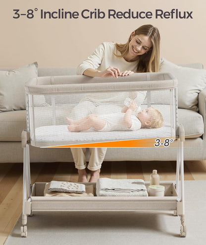 Fodoss Baby Bassinets Bedside Sleeper - 3-in-1 Baby Bassinet with Wheels, Soft Mattress, Storage Tray, Full-Mesh Sides, 7-Height Adjustable Crib for Newborns