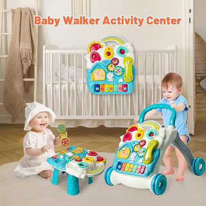 Sit to Stand Baby Walker, Activity Center with Music and Light, Activity Table for Toddlers, Push Toys for Babies Learning to Walk, Early Education Toys for Infant Boys Girls 6 Months Up (Blue)