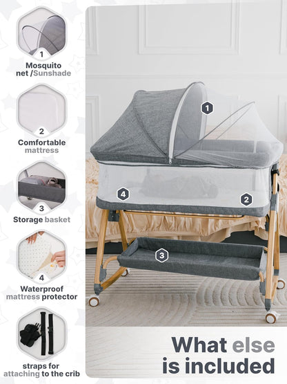 Earth&ME Baby Bassinet Bedside Sleeper with Rocking - All Mesh Portable Bedside Crib for Safe Co-Sleeping, Storage Basket and Wheels, Adjustable Height, Includes Travel Bag, Mosquito Net (Whate, Grey)