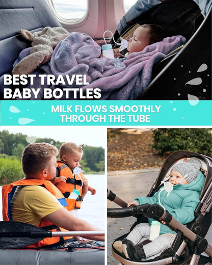 TidyFriend 2 Pk Baby Bottle Anti Colic with Straw 8oz – Built In Nipple Valve & Base Vent Hole for Gas Reduction, Upright Position Hand Free Bottle for 6m-2y Kids [Use Under Caregiver Assisted] (Pink)