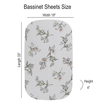 Onacosht Muslin Bassinet Sheets 3 Pack, 100% Cotton Baby Fitted Sheet 33" x 19" Compatible with Mika Micky, KoolaBaby (3 in 1), BabyBond, HARPPA and RICUTON Bedside Bassinet, Green, Floral and Cactus