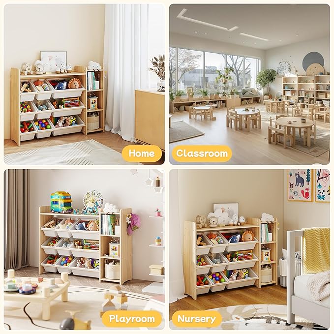 GITAWUSA Kids Toy Storage Organizer, Wooden Shelf with 3 Tiers and 9 Storage Bins, Nursery Room Organizer for Books and Toys, White and Natural Wood
