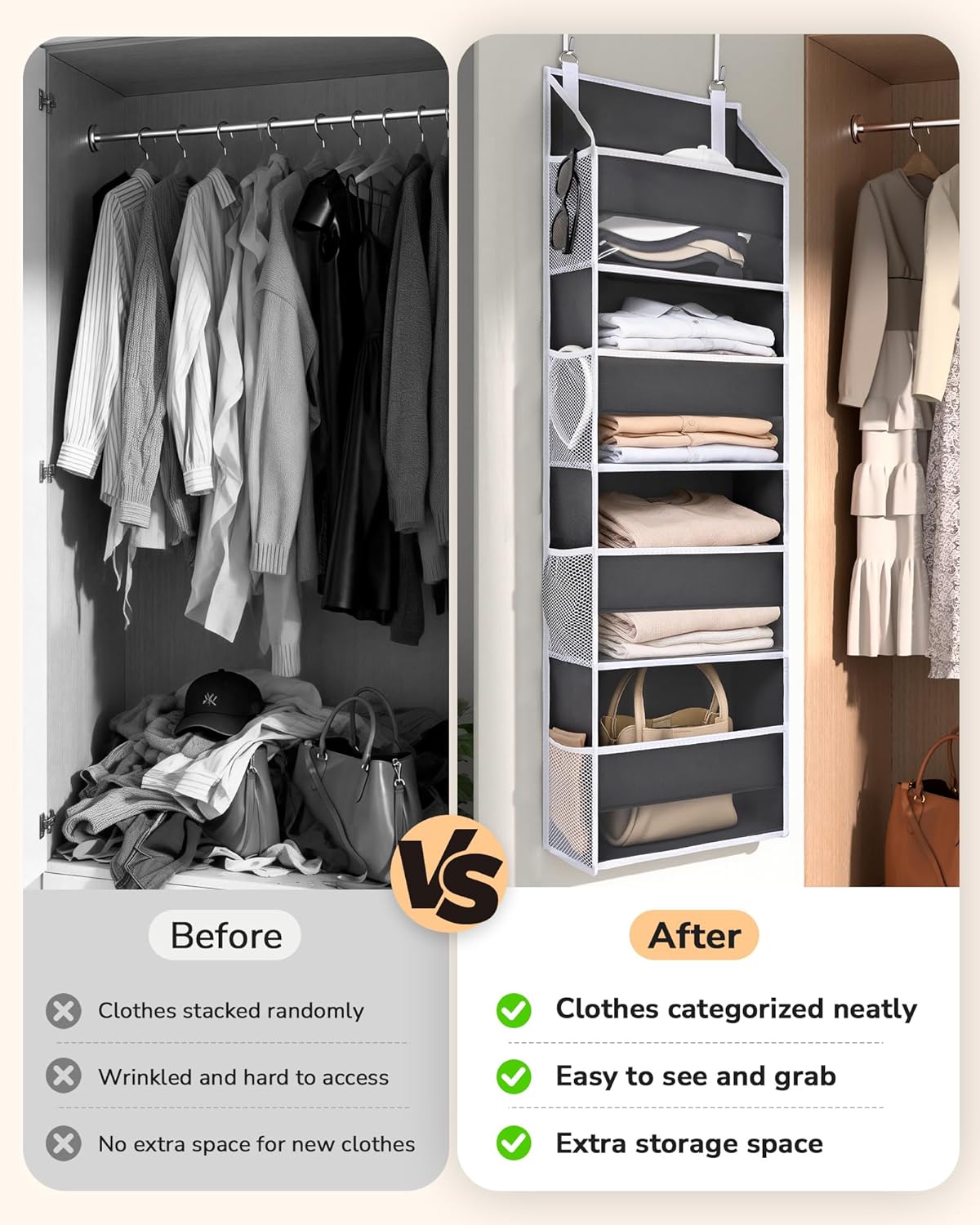 ULG 1 Pack Over Door Organizer with 5 Large and 10 Mesh Side Pockets, 44 lbs Weight Capacity Hanging Storage with Clear Window Kids Toys, Shoes, Diapers, Dark Grey, 5 Layers