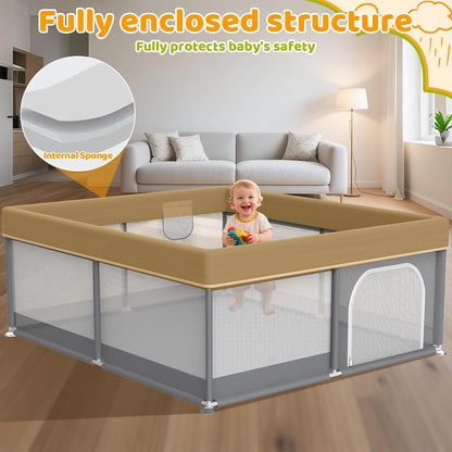 Foldable Baby Playpen: 71” x 59” Super Large Playpen for Babies and Toddlers - Portable Play Pen for Babies with Breathable Mesh & 2 Pulling Handle - Baby Play Yard for Outdoor & Indoor