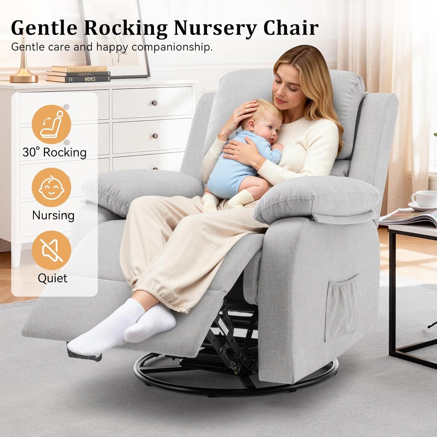 Korser Recliner Chair, 360 Swivel Rocker Chair for Adults, Small Rocking Recliner for Small Spaces, Upholstered Fabric Glider Recliner Nursery