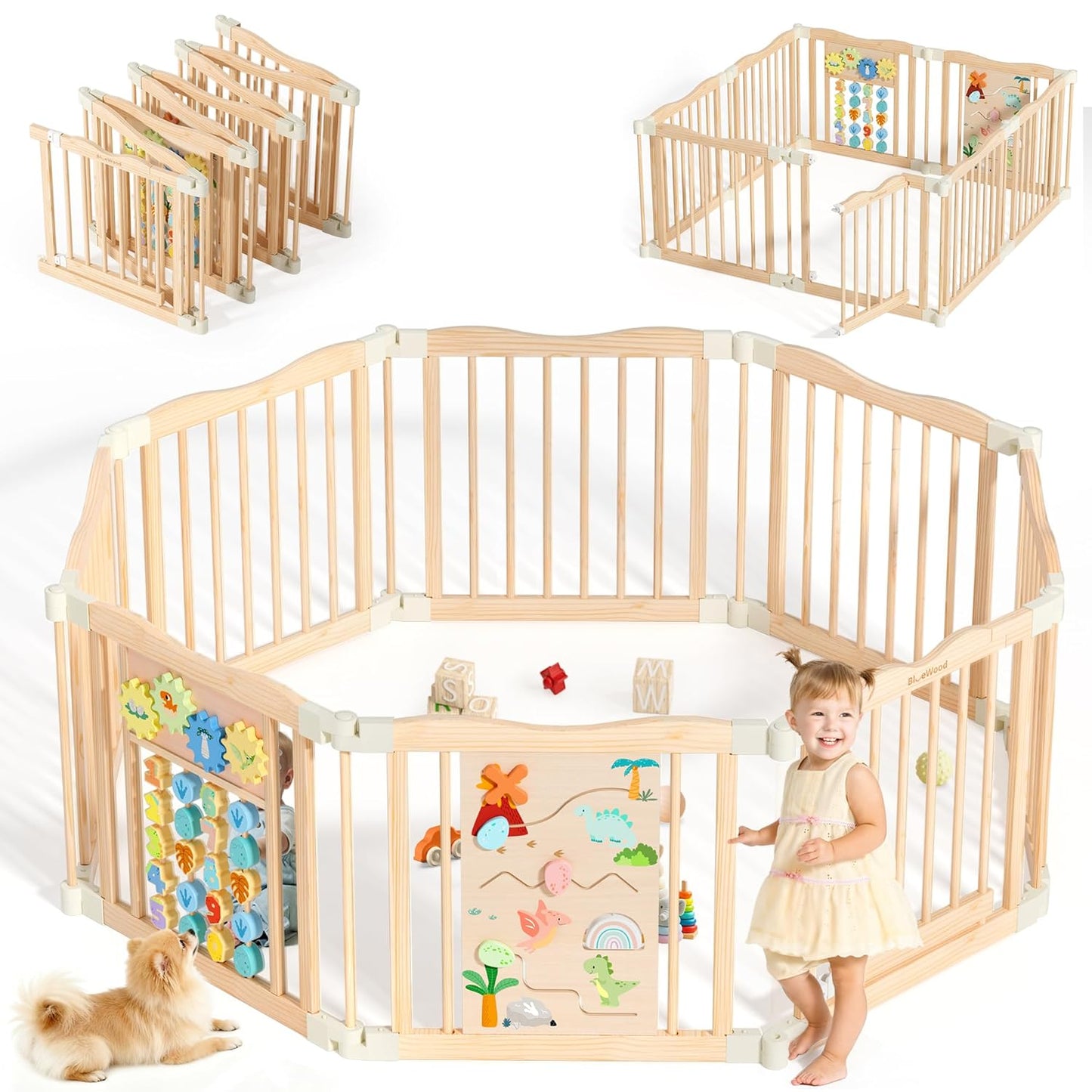 Foldable Wooden Playpen - Adjustable Wood Baby Play Yard with Child-Proof Lock, Indoor Large Safety Fence for Babies and Toddlers - Easy Assembly, 55 x 55 x 24 inches, Dino Land, Colorful
