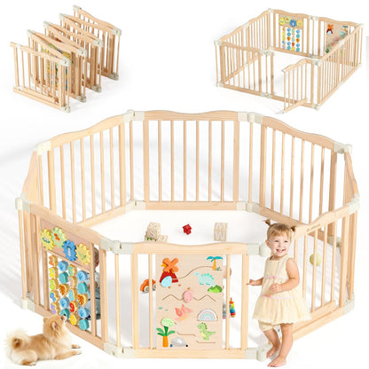 Foldable Wooden Playpen - Adjustable Wood Baby Play Yard with Child-Proof Lock, Indoor Large Safety Fence for Babies and Toddlers - Easy Assembly, 55 x 55 x 24 inches, Dino Land, Colorful