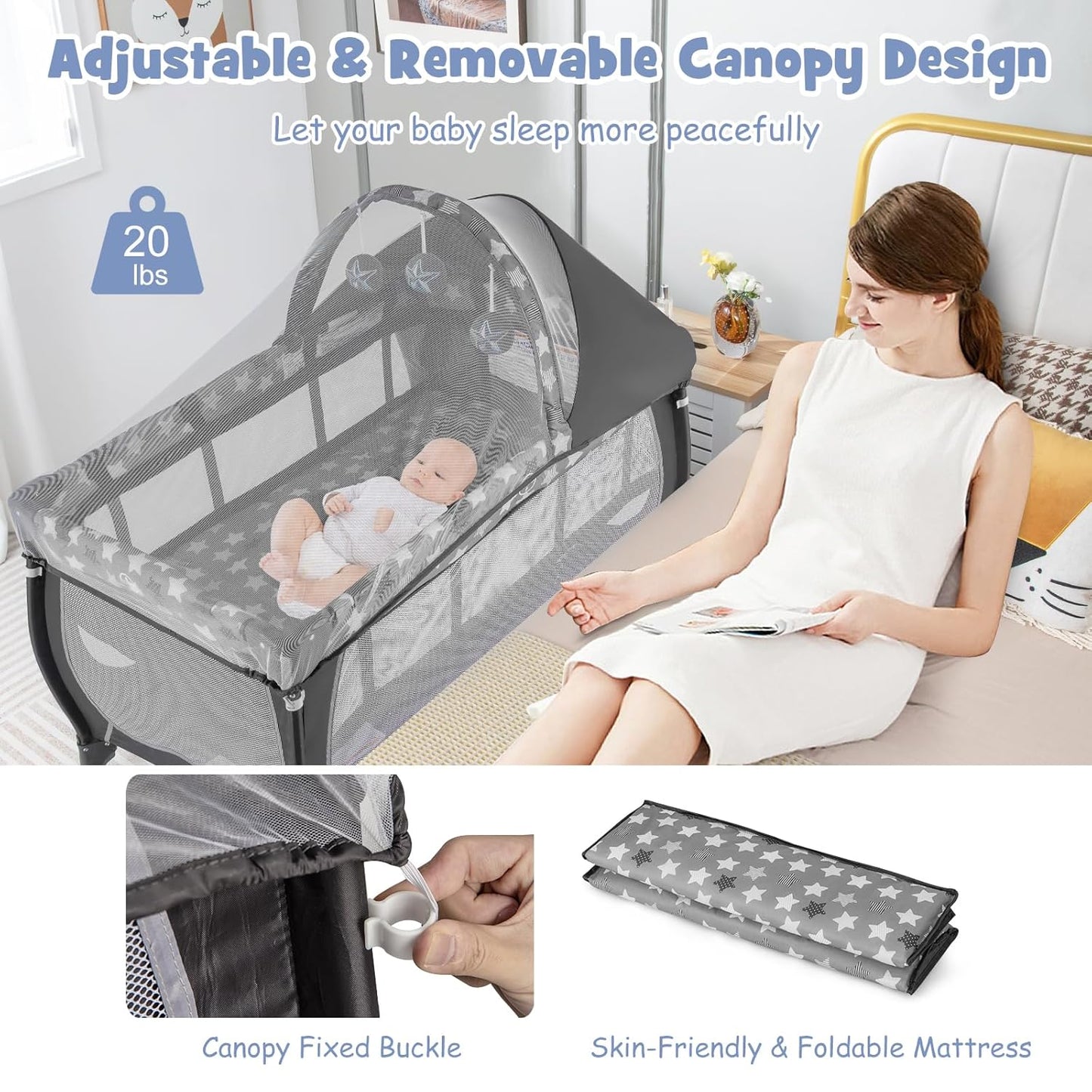 BABY JOY 4 in 1 Pack and Play with Canopy, Portable Baby Playard with Bassinet, Double-Layer Baby Crib, Wheels & Brake, Foldable Baby Girl Pink Princess Bassinet from Newborn to Toddler