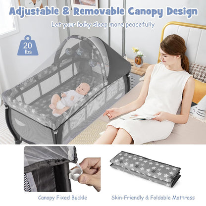 BABY JOY 4 in 1 Pack and Play with Canopy, Portable Baby Playard with Bassinet, Double-Layer Baby Crib, Wheels & Brake, Foldable Baby Girl Pink Princess Bassinet from Newborn to Toddler