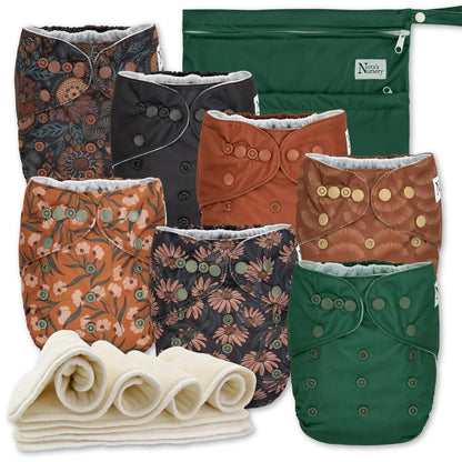 Nora's Nursery Cloth Diapers 7 Pack with 7 Inserts & 1 Wet Bag - Waterproof Cover, Washable, Reusable & One Size Adjustable Pocket Diapers for Newborns and Toddlers - Cali Coastal