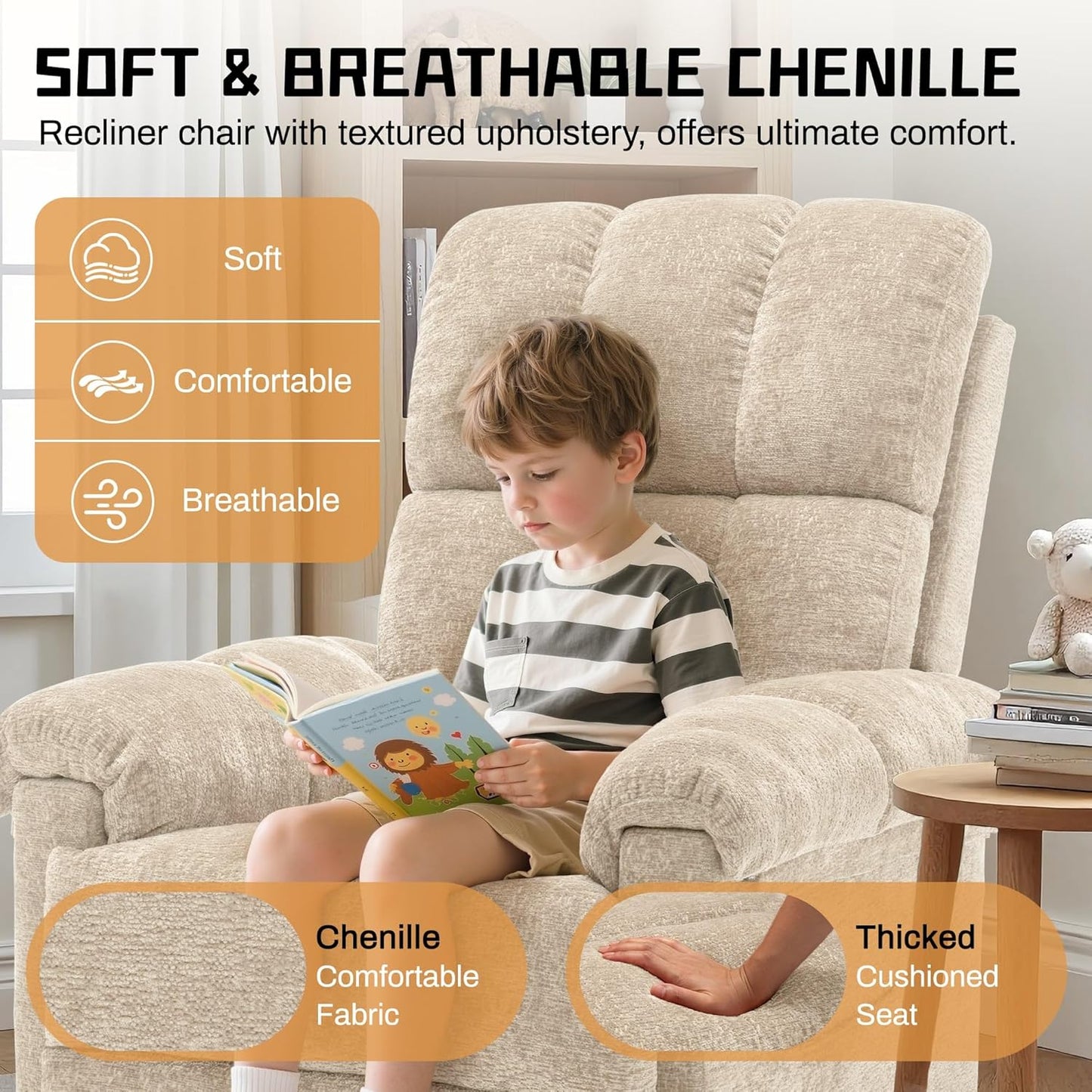 Korser Recliner Chair, Swivel Rocker Recliner Chair for Adults, Small Recliners for Small Spaces, Upholstered Manual Recliner with Side Pockets, Nursery Rocking Chair for Living Room, Chenille, Beige