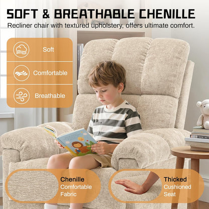 Korser Recliner Chair, Swivel Rocker Recliner Chair for Adults, Small Recliners for Small Spaces, Upholstered Manual Recliner with Side Pockets, Nursery Rocking Chair for Living Room, Chenille, Beige