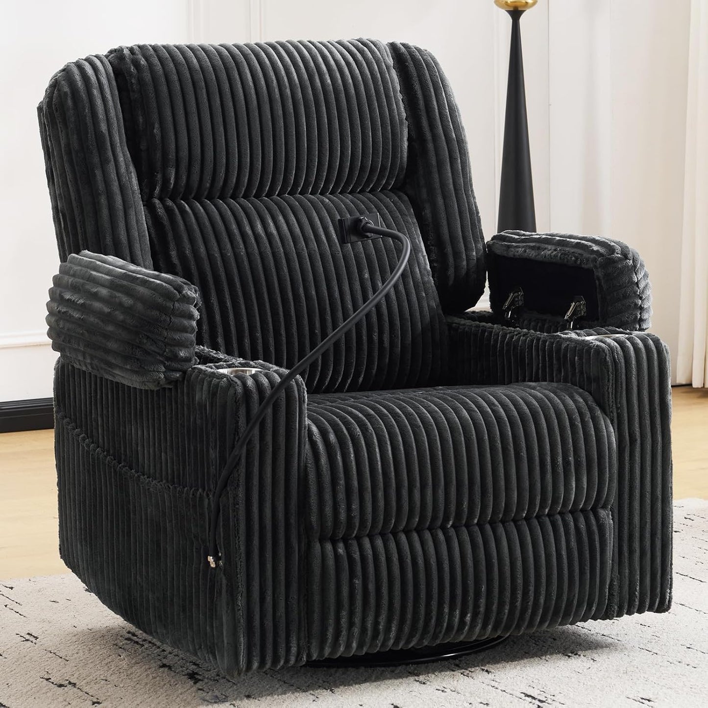 Oversized Power Recliner Chair with Massage and Heat, Swivel Rocker Recliner Chair for Adults with Arm Storage, Nursery Glider Recliner with Adjustable Headrest and Phone Stand, Side Pockets, Beige