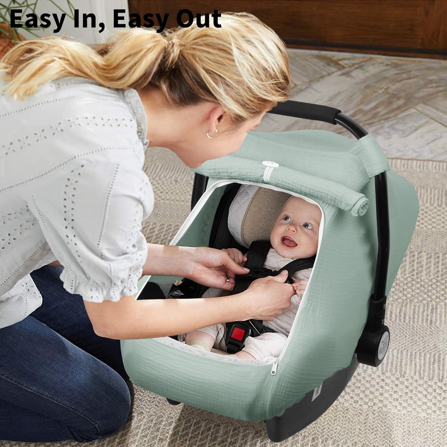Rquite Car Seat Cover Baby, Carseat Covers Girl Boy, Breathable Muslin Cotton, Large Mesh Window, Infant Car Seat Canopy Baby Carrier Cover Stroller Sun Shade for Summer & Hot Day