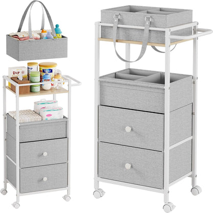 Modanais Baby Diaper Caddy Organizer Cart with Drawers - 3In1 Rolling Storage Cart with Wheels, Removable Diaper Caddy, Detachable Dividers - for Crib, Bedroom, Art & Craft Organizer (Off White)