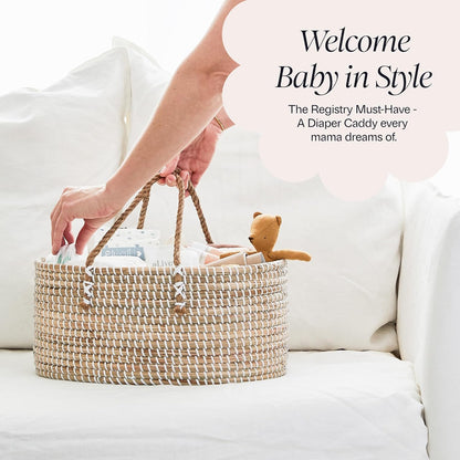 BEBE BASK Premium Baby Diaper Caddy Organizer - Handmade - Seagrass Basket With Cotton Divider - Award-Winning & Luxury Diaper Caddy Basket - White (NATURAL)