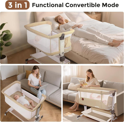 Baby Bassinet, Bedside Sleeper for Newborns Convertible Co-Sleeper Crib with Breathable Mesh, 6-Level Height Adjustment, Built-In Storage, Foldable Portable Bassinet for Home or Travel, Pink & Purple