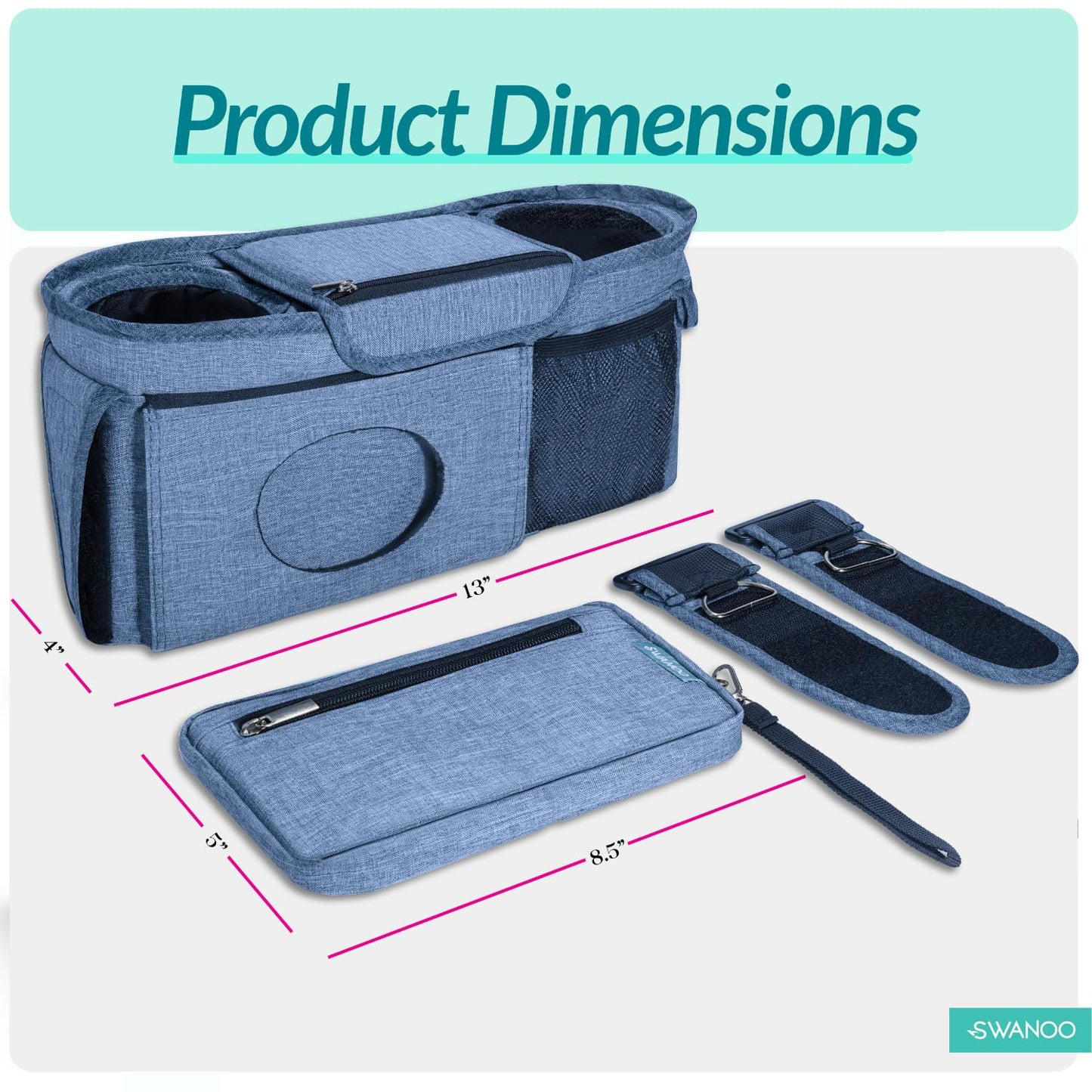 Swanoo Stroller Caddy Organizer With Cup Holder, Non Slip Straps Bag for Phone, Pet Stroller Accessories, Universal Fits Uppababby Vista v2 Wonderfold Wagon, Doona and More