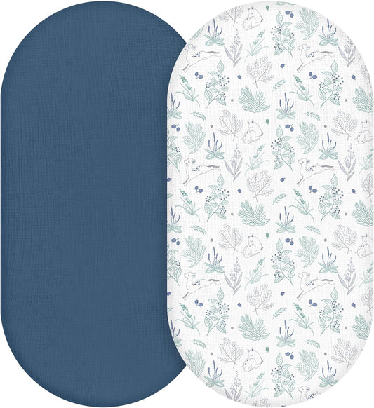 Muslin Bassinet Fitted Sheets 2 Pack, Soft Breathable Cotton Baby Bassinet Mattress Sheet Set, 360° Elastic Snug Fit, Universal for Oval, Rectangle & Hourglass Cradle, Unisex Baby Bedding (Cute Cars)