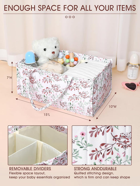 Shinylin 2 Pcs Diaper Caddy Organizer New Mom Gifts Stylish Brown Diaper Caddy Basket Floral Pastoral Daisy Nursery Storage Organizer Baby Shower New Parents Gifts for Baby Newborn Essentials