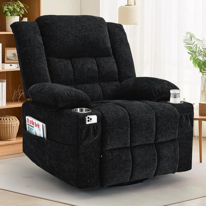 Korser 360° Swivel Rocker Recliner for Adults, Nursery Glider Recliner with Massage and Heating, Rocking Chair with Cup Holder, Manual Recliner Chair for Living Room, Bedroom (Fabric, Beige)