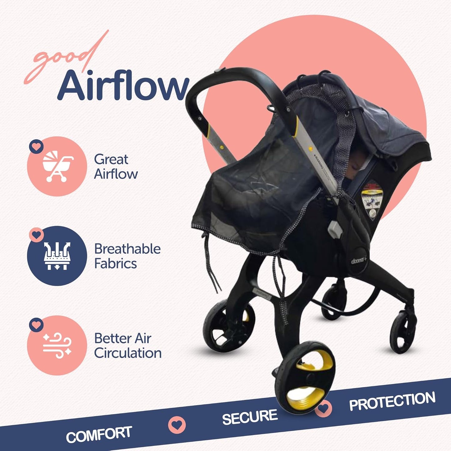Stroller Sun Shade Extender – Universal Clip-On Baby Stroller Sun Shade Cover, UV Protection, Breathable See-Through Mesh, Adjustable Fit, Large Black